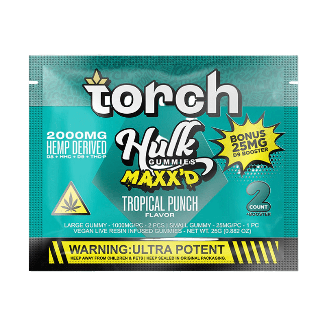 32_52ec3506-a494-495b-8fd3-cbb580da7bcd Torch Hulk Gummies Maxx’d 2000mg + 25mg D9 Booster 3ct Tropical Punch - Image 1